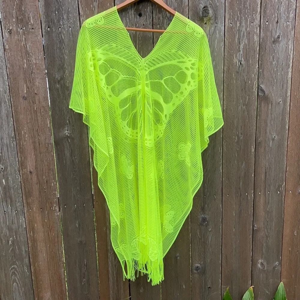 GECKO Neon Green Crochet One Piece Swim Cover Up NWT